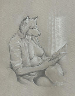 anthro book claws clothed clothing eyewear female finger_claws fingers fur glasses navel nipples open_clothing open_shirt open_topwear reading reading_book shirt solo topwear wearing_glasses grauewolfe canid canine canis mammal wolf hi_res