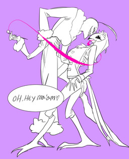 anthro anthro_on_anthro beak breasts butt butt_grab claws clothed clothing crossgender dialogue duo fangs feathers female female/female fur hand_on_butt interspecies mature_female multi_arm multi_eye multi_limb open_mouth open_smile simple_background smile smoking smoking_pipe speech_bubble teeth text o3t hazbin_hotel hellaverse helluva_boss stolas_(helluva_boss) valentino_(hazbin_hotel) arthropod avian bird demon insect lepidopteran moth owl owl_demon hi_res monochrome