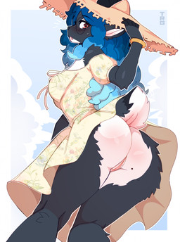 anthro biped black_body black_fur blue_hair blush bracelet breasts butt clothed clothed_anthro clothed_female clothing dress eyewear female fingers fur genitals glasses hair hat headgear headwear horizontal_pupils horn jewelry looking_at_viewer mole_on_butt pupils rear_view red_eyes scut_tail short_tail solo sun_hat sundress tail upskirt vulva wearing_glasses white_body white_fur thericegoat serenity_(laggyb0i) bovid caprine mammal sheep hi_res