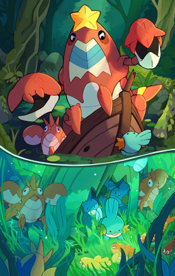 ambiguous_gender blue_body countershade_torso countershading feral group plant red_body size_difference tree yellow_body taplaos nintendo pokemon arthropod corphish crawdaunt crustacean generation_3_pokemon generation_9_pokemon marine mudkip pokemon_(species) tatsugiri absurd_res hi_res