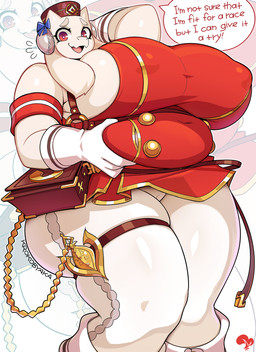 2_horns 4_fingers anthro armband belly belly_grab big_breasts biped blue_bow_ribbon bow_ribbon breasts camel_toe clothed clothed_anthro clothed_female clothing cosplay crossover_cosplay dialogue eyebrows eyelashes female female_anthro fingers flesh_fang genitals gloves hand_behind_head hand_on_own_belly handwear horn huge_breasts leggings legwear logo long_ears mature_anthro mature_female nipple_outline overweight overweight_anthro overweight_female pupils red_clothing red_eyes side_boob smile solo speech_bubble squish text thick_thighs thigh_squish thigh_strap vulva white_clothing white_gloves white_handwear white_leggings white_legwear wide_hips zoom_layer krokobyaka cygames uma_musume_pretty_derby undertale_(series) gold_ship_(pretty_derby) toriel bovid caprine mammal 2026 artist_logo crossover english_text hi_res signature