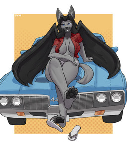 anthro black_hair black_wings blue_eyes breasts clothing crossed_legs crossgender feet female flannel flannel_shirt flip_flops footwear fur grey_body grey_fur hair looking_at_viewer loose_footwear medium_breasts nipple_slip nipples panties pawpads paws sandals shoe_dangle shoes sitting_on_car slightly_chubby slightly_chubby_female smile solo underwear vehicle wings rz54 oldsmobile oldsmobile_442 ash_clinker canid canine canis mammal wolf absurd_res hi_res
