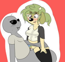 accessory anthro black_nose blush bodily_fluids bottomless bottomwear breasts clitoris clothed clothed_sex clothing clothing_aside drooling duo erection eyewear female female_penetrated freckles from_front_position fur garter garter_belt garter_straps genital_fluids genitals glasses green_body green_fur green_hair grey_body grey_skin hair horn human_on_anthro interspecies legwear looking_pleasured male male/female male_on_anthro male_penetrating male_penetrating_female mastery_position midriff nipple_outline on_top open_mouth outline panties panties_aside penetration penis precum pubes red_background saliva sex shirt simple_background skirt smile stockings sunglasses sweat tan_body tan_fur topwear underwear underwear_aside vaginal vaginal_fluids vaginal_penetration vulva white_background sprockeyart anon maggie_hudson bovid bovine cattle human mammal 2015 hi_res