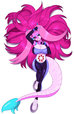 anthro big_breasts big_tail breasts cake coach dessert female food hair heterochromia long_hair long_tail lying navel non-mammal_breasts non-mammal_navel on_back pink_body pink_hair scales smile solo tail thick_tail thick_thighs walrusdin3 mythology fan_character sagitta_(sagittascuti) dragon mythological_creature mythological_scalie scalie absurd_res hi_res