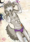 abstract_background anthro biped blue_eyes bracelet bulge camera clothed clothing detailed_bulge fur genital_outline grey_body grey_fur grey_tail heart_(marking) holding_camera holding_object jewelry logo looking_at_viewer male male_anthro markings penis_outline purple_clothing purple_underwear solo tail underwear underwear_only sunkmanitutanka sunkma_nitu_tanka canid canine canis mammal wolf artist_logo artist_name