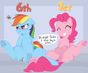 1st_place 6th animal_genitalia animal_vulva annoyed anus blue_body blush blush_lines breast_size_difference breasts clitoris comparing competition crotch_breasts cutie_mark dialogue dock_(anatomy) duo equine_anus equine_genitalia equine_vulva eyes_closed female female/female feral genitals hair happy hooves looking_away multicolored_hair nipples pink_body pink_hair presenting puffy_anus purple_eyes rainbow_hair small_teats spread_legs spreading tail teat_size_difference teats teeth text underhoof upset vulva wings flowerbud friendship_is_magic hasbro my_little_pony mythology pinkie_pie_(mlp) rainbow_dash_(mlp) earth_pony equid equine horse mammal mythological_creature mythological_equine pegasus pony english_text hi_res