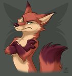 2020 anthro brown_body brown_fur canid canine cheek_tuft chest_tuft claws conditional_dnp crossed_arms facial_tuft fangs fluffy fox fur green_eyes grey_background head_tuft looking_at_viewer male mammal neck_tuft pointedfox_(character) pose red_fox simple_background solo tan_body tan_fur tani_da_real teeth true_fox tuft whiskers