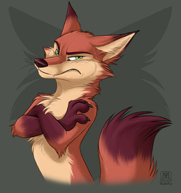 2020 anthro brown_body brown_fur canid canine cheek_tuft chest_tuft claws conditional_dnp crossed_arms facial_tuft fangs fluffy fox fur green_eyes grey_background head_tuft looking_at_viewer male mammal neck_tuft pointedfox_(character) pose red_fox simple_background solo tan_body tan_fur tani_da_real teeth true_fox tuft whiskers