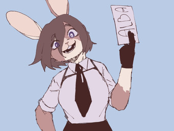 :3 anthro big_breasts black_clothing black_gloves black_hair black_handwear blue_background breasts buckteeth clothing ears_up female gloves hair handwear head_tilt holding_object holding_sign looking_at_viewer open_:3 open_mouth pink_nose shirt short_hair sign simple_background smile solo teeth text topwear upper_body white_clothing white_shirt white_topwear darkus_art lagomorph leporid mammal rabbit character_name