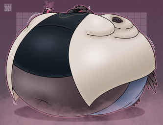 3_toes 4_fingers anthro avian_feet beak belly big_belly black_beak black_body black_talons blush bodily_fluids bottomwear clothed clothing coat container cup deep_navel feathers feet fingers head_tuft holding_object huge_belly hyper hyper_belly hyper_inflation immobile inflation jewelry lab_coat male navel necklace nervous nervous_sweat orange_eyes pants purple_background shirt simple_background solo sweat tail tail_feathers toes topwear tuft balloonedbird tuba_(balloonedbird) avian bird corvid corvus_(genus) crow oscine passerine 2026 hi_res shaded
