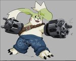 ammo_belt anthro beady_eyes bottomwear claws clothing denim denim_bottomwear denim_clothing gun gun_arm horn jeans long_ears male pants ranged_weapon shirtless solo weapon tatertottoto bandai_namco digimon digimon_(species) gargomon hi_res