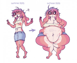 anthro belly belly_overhang big_belly big_breasts bottomwear breasts clothing denim denim_bottomwear denim_clothing denim_shorts eyewear fat_arms fat_rolls female fur fur_tuft gesture glasses hair hand_gesture huge_belly huge_thighs ill-fitting_clothing love_handles midriff navel navel_piercing obese obese_female overweight overweight_female piercing shirt shorts solo stretch_marks tank_top text thick_thighs topwear tuft v_sign weight_gain wide_hips scoresofkennel lagomorph leporid mammal rabbit english_text hi_res trans_(lore) trans_woman_(lore)
