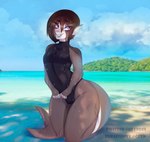 anthro beach biped black_clothing black_one-piece_swimsuit black_swimwear brown_hair bulge clothed clothing cloud countershade_face countershade_scales countershade_tail countershading crossdressing ear_fins eyebrow_through_hair eyebrows femboy fin grey_body grey_scales grin hair kneeling male navel_outline one-piece_swimsuit outside purple_eyes scales seaside sky smile solo swimwear tail translucent translucent_hair wet wet_body wet_scales wet_swimwear white_body white_scales dizzyt fish marine shark 2021 artist_name digital_media_(artwork) hi_res shaded