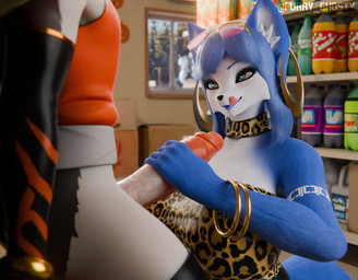 animal_print anthro armwear bangle big_breasts big_penis black_body black_clothing black_fur black_latex black_legwear black_thigh_highs blue_body blue_eyes blue_fur blue_hair bottle breasts choker clothed clothed_anthro clothed_female clothing container duo ear_piercing ear_ring erection eyewear eyewear_on_head female fur genitals hair handjob hoop_ear_ring huge_breasts humanoid_genitalia humanoid_penis jewelry latex latex_armwear latex_clothing latex_legwear latex_thigh_highs legwear leopard_print licking licking_lips male male/female multicolored_body multicolored_fur necklace orange_clothing orange_topwear penile penis piercing ring_piercing sex sunglasses sunglasses_on_head thigh_highs tongue tongue_out topwear two_tone_body two_tone_fur white_body white_fur furry_ghosty dogzeela_(modeler) valorlynz_(modeler) arknights hypergryph nintendo star_fox studio_montagne aak_(arknights) krystal_(star_fox) canid canine domestic_cat felid feline felis fox mammal 2025 3d_(artwork) digital_media_(artwork) hi_res