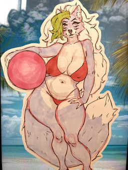 anthro ball beach_ball big_breasts bikini blue_body blue_fur breasts clothing female fur green_hair hair hands_on_waist inflatable long_hair nipple_outline photo_background pose red_bikini red_clothing red_swimwear small_waist smile solo swimwear thick_thighs two-piece_swimsuit white_body white_fur white_hair thatphatfox five_nights_at_freddy's five_nights_at_freddy's:_security_breach scottgames steel_wool_studios roxanne_wolf canid canine canis mammal wolf 3:4 hi_res photography_(artwork)