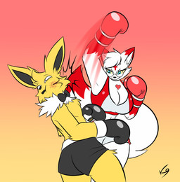 anthro big_breasts bow_tie boxing boxing_gloves boxing_shorts bra breasts bruised clothing duo eyewear face_punch female female_anthro fur glasses handwear heart_(marking) male male/female male_anthro markings punch red_body red_fur sport sports_bra underwear uppercut white_body white_fur the_k9_empire vulpinecrew nintendo pokemon canid canine eeveelution fox generation_1_pokemon jolteon mammal pokemon_(species) absurd_res hi_res