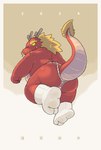 anthro asian_clothing belly big_belly biped butt clothing cute_fangs east_asian_clothing fundoshi holidays japanese_clothing kemono overweight red_body solo tail underwear white_clothing white_fundoshi white_underwear flappydog mythology new_year dragon eastern_dragon mythological_creature mythological_scalie scalie 2024 hi_res