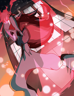 ambiguous_gender anthro arm_tuft attack black_body black_fur city claws detailed_background eyes_closed fangs fur gaping_mouth gathering_power glowing grey_body grey_fur hair inner_ear_fluff long_hair magic open_mouth outside ponytail red_claws red_hair sharp_teeth shoulder_tuft solo teeth tongue tuft nyankyuu nyankyuu_(artist) nintendo pokemon generation_5_pokemon pokemon_(species) zoroark 2015 absurd_res hi_res
