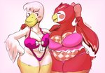 anthro beak belly big_breasts bra breast_squish breasts breasts_frottage clothing duo female female/female hand_on_hip hand_on_shoulder navel open_mouth open_smile overweight overweight_female panties simple_background smile squish thick_thighs thong underwear wide_hipped_female wide_hips wiess animal_crossing nintendo celeste_(animal_crossing) pelly_(animal_crossing) avian bird owl pelecaniform pelican