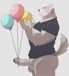 anthro attached_to_balloon balloon balls blush clothing erection foreskin genitals holding_balloon holding_object humanoid_genitalia humanoid_hands humanoid_penis inflatable kemono male penis shirt simple_background solo topwear dumdum canid canine canis domestic_dog mammal 2021 hi_res