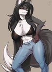 abs anthro big_breasts black_body black_fur black_hair bottomwear breasts chest_tuft clothing denim denim_bottomwear denim_clothing dipstick_tail female fur hair jeans markings multicolored_tail muscular muscular_anthro muscular_female navel pants red_eyes solo tail tail_markings tuft kittellox_(artist) canid canine fox mammal