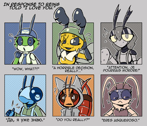 antennae_(anatomy) anthro armor clothing female group hat headgear headwear helmet hoodie looking_at_viewer male text topwear lizardfungus athena_connors malina_skye yuna_bang arthropod bee damselfly dead_leaf_mantis earwig hawk_moth hymenopteran insect lepidopteran mantis moth silverfish english_text french_text hi_res russian_text spanish_text translation_check translation_request