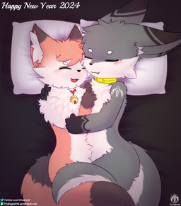anthro bed bell bell_collar blush blush_lines collar duo female fur furniture grey_body grey_fur hug hugging_another lying male male/female orange_body orange_fur pillow smile smiling_at_another smiling_at_partner senz nia_(senz) sean_(senz) absurd_res hi_res