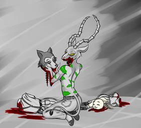anthro back_groove bad_end blank_stare blood blood_on_mouth blood_puddle blouse bodily_fluids bottomwear clothed clothing content corpse dead_eyes death decapitation dress eye_bags eyes_closed female female_death female_prey gore group hard_vore holding_head horn killing licking licking_lips looking_at_viewer male male_death male_pred male_prey morbid nightmare_fuel pants pattern_bottomwear pattern_clothing pattern_pants role_reversal severed_body_part severed_head smile snuff spine striped_bottomwear striped_clothing striped_pants stripes suspenders tattoo tongue tongue_out topless topless_male topwear trio vore yellow_eyes e254e beastars haru_(beastars) legoshi_(beastars) melon_(beastars) antelope bovid canid canine canis domestic_rabbit dwarf_rabbit felid gazelle hybrid lagomorph leopard leporid mammal oryctolagus pantherine rabbit wolf digital_media_(artwork) hi_res