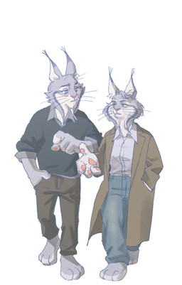 anthro black_clothing black_shirt black_topwear blue_bottomwear blue_clothing blue_eyes blue_pants bottomwear brown_bottomwear brown_clothing brown_pants clothed clothing coat duo ear_tuft female fur grey_body grey_fur male pants pawpads shirt simple_background topwear trenchcoat tuft whiskers white_background white_clothing white_shirt white_topwear thee_olynx disney zootopia cattrick_lynxley kitty_lynxley felid feline lynx mammal 2025 digital_media_(artwork) hi_res brother_(lore) brother_and_sister_(lore) sibling_(lore) sister_(lore)