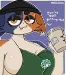 anthro apron apron_only beanie beverage big_breasts breasts clothing coffee ear_piercing female hat headgear headwear piercing solo tired vannillama epic_games fortnite i_mean_breast_milk meow_skulls felid feline mammal absurd_res hi_res meme