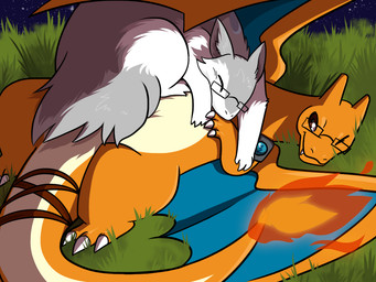 3_claws 3_fingers 3_toes 4_fingers ambiguous_gender brown_eyes claws countershade_torso countershading duo eyes_closed eyewear fangs feet feral fingers fur glasses grass grey_body grey_fur multicolored_body orange_body plant rectangular_glasses sleeping_on_another teeth toes two_tone_body white_body white_fur nugget_kun nintendo pokemon blaine_(totodileweeb18) charizard generation_1_pokemon generation_2_pokemon pokemon_(species) typhlosion 4:3