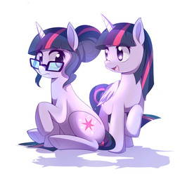cutie_mark duo eye_contact eyewear feathered_wings feathers female feral glasses hair horn long_hair looking_at_another multicolored_hair open_mouth open_smile purple_eyes purple_hair simple_background smile square_crossover wings cbreturn friendship_is_magic hasbro my_little_pony mythology twilight_sparkle_(mlp) equid equine mammal mythological_creature mythological_equine unicorn winged_unicorn 2015 hi_res