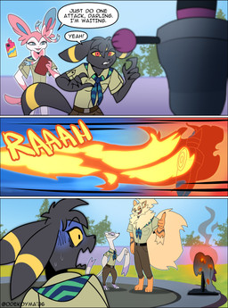 anthro biped clothed clothing dialogue duo fire group harmony_scarf male speech_bubble tail text trio odeko-yma nintendo pokemon lucky_(odeko-yma) pix_(odeko-yma) arcanine eeveelution generation_1_pokemon generation_2_pokemon generation_5_pokemon generation_6_pokemon mienshao pokemon_(species) sylveon umbreon absurd_res comic english_text hi_res