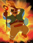 anthro black_body black_nose bottomwear bulge clothing facial_hair hat headgear headwear magic male mustache overweight overweight_male pants solo staff white_body bravo badger mammal mustelid musteline 2024 hi_res