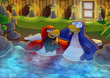 anthro beard black_beard black_facial_hair blue_body blue_fur duo eyewear facial_hair fur glasses hot_spring lamp lantern looking_at_another male onsen open_mouth red_body red_fur round_eyewear stone_lantern text upper_teeth_only water ymuy club_penguin captain_rockhopper gary_the_gadget_guy avian bird penguin 2025 absurd_res artist_name hi_res