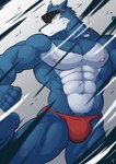 abs anthro blue_body blue_fur bulge clothing eyewear eyewear_on_head fur male muscular muscular_anthro muscular_male nipples pecs solo sunglasses sunglasses_on_head thong underwear shinobiya bandai_namco digimon digimon_(species) machgaogamon hi_res