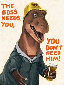anthro armor beverage brown_body brown_scales claws clothed clothing container cup drinking_glass glass glass_container glass_cup hard_hat headgear helmet holding_object looking_at_viewer male motivational_poster open_mouth scales sharp_teeth solo teeth uniform dyna_soar dinosaurs_(series) roy_hess dinosaur prehistoric_species reptile scalie theropod tyrannosaurid tyrannosauroid tyrannosaurus tyrannosaurus_rex hi_res
