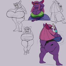 big_breasts big_butt bombastique breast_growth breasts butt butt_expansion clothing expansion female growth hair huge_breasts huge_butt huge_hips hyper not_furry pink_hair purple_body purple_skin science shortstack slightly_chubby thick_thighs wardrobe_malfunction wide_hips vivianne goblin humanoid hi_res