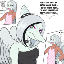 alternative_fashion amber_eyes angry anthro apron black_clothing black_hair black_shirt black_topwear blue_body bone_frill breasts clothed clothed_anthro clothed_female clothing collar dialogue duo elbow_feathers ellipsis emo feathered_wings feathers female fingers frill_(anatomy) frown green_eyes grey_body grey_feathers grey_hair hair highlights_(coloring) humanoid_hands long_hair markings medium_hair nipple_outline non-mammal_breasts open_mouth shirt simple_background speechless spiked_collar spikes striped_markings stripes surprised talking_to_another tear_trough text topwear white_background wings arsenic_iii goodbye_volcano_high ko_op_(game_developer) fang_(gvh) prehistoric_species pterosaur reptile scalie 1:1 2021 absurd_res colored comic english_text hi_res daughter_(lore) mother_(lore) mother_and_child_(lore) mother_and_daughter_(lore) nonbinary_(lore) parent_(lore) parent_and_child_(lore) parent_and_daughter_(lore)