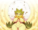 afro big_breasts breasts brown_eyes cotton eyelashes facial_markings featureless_breasts featureless_crotch female green_body green_skin head_markings markings navel no_pupils nude orange_background plant simple_background smile solo standing white_body wide_hips yellow_body latiar nintendo pokemon eldegoss elemental_creature elemental_humanoid flora_fauna generation_8_pokemon humanoid plant_humanoid pokemon_(species) 2023 5:4 hi_res portrait three-quarter_portrait