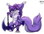 4_fingers anthro axe blue_pawpads eye_scar facial_scar fingers fur green_eyes hair male markings nipple_piercing nipples pawpads piercing purple_body purple_fur purple_hair purple_markings scar simple_background smile solo weapon fennephilim_fox league_of_legends riot_games tencent vereynne yordle