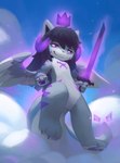 anthro black_hair blue_sky cloud cloudy_background crown ears_up feathered_wings feathers fluffy flying fur gem grey_body hair headgear horn kemono left-handed looking_at_viewer magic male melee_weapon paws pivoted_ears proud purple_energy purple_eyes sky smile smiling_at_viewer smug_face solo striped_body striped_fur stripes sword tail tuft weapon white_body wings elodoart mythology pride_(yamikadesu) domestic_cat dragon felid feline felis hybrid mammal mythological_creature mythological_scalie scalie hi_res