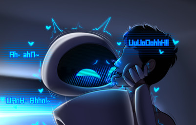 4_fingers ambiguous_gender black_hair blue_eyebrows blue_eyes blue_text blush blush_lines duo eyebrows eyeless face_grab face_lick fingers hair heart_symbol hearts_around_head inside interspecies licking light looking_pleasured machine male male/ambiguous male_human moan not_furry offscreen_sex saliva_on_face screen screen_face short_hair text tongue tongue_out white_body dibujito disney pixar wall-e eve_(wall-e) extraterrestrial_vegetation_evaluator human mammal robot 2025 english_text hi_res lighting shaded female_(lore)