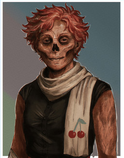 ambiguous_gender black_blouse cherry clothing food fruit gradient_background hair looking_at_viewer missing_nose necrosis not_furry plant red_hair scarf shirt short_hair short_sleeved_shirt simple_background solo topwear white_scarf nuclearconsole artfight2025 fallout microsoft cerise_(chat33th) ghoul_(fallout) humanoid english_description half-length_portrait hi_res portrait