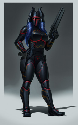 armor female gun handgun mandalorian_armor not_furry pistol ranged_weapon solo weapon birdyraider star_wars aphira_lossos_(xanatien) alien togruta absurd_res hi_res