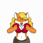 anthro black_nose blonde_hair bottomwear bouncing_breasts breasts cleavage clothed clothing female fur hair midriff navel open_mouth orange_body orange_fur simple_background skirt solo white_background cartoonwolf 9_to_9 amber_(9_to_9) canid canine fox mammal red_fox true_fox 1:1 animated low_res short_playtime