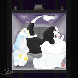 anthro balls big_balls big_butt big_penis black_body black_fur blue_body blue_fur bodily_fluids butt cum cum_flooding cum_inflation cum_inside duo elevator excessive_cum excessive_genital_fluids femboy fur genital_fluids genitals horn huge_balls huge_penis humanoid_genitalia humanoid_penis hyper hyper_balls hyper_cum hyper_genitalia hyper_penis inflation knot male male/male penis size_difference small_dom_big_sub tail white_body white_fur reisuke_wolfox_(artist) reisuke_wolfox canid canine canis fox hybrid mammal sergal wolf 1:1 absurd_res hi_res