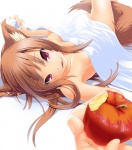 apple bed brown_hair fangs female food fruit furniture hair long_hair looking_at_viewer lying on_back on_bed plant red_eyes solo tail teeth nilitsu spice_and_wolf holo_(spice_and_wolf) animal_humanoid canid canid_humanoid canine canine_humanoid canis humanoid mammal mammal_humanoid wolf wolf_humanoid