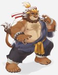 anthro belly bottomwear brown_body clothing cute_fangs fangs humanoid_hands kemono male moobs nipples overweight overweight_male pants simple_background solo teeth white_background aotoaka felid lion mammal pantherine 2021 absurd_res hi_res