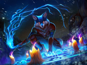 anthro armor candle clothing electricity leather leather_armor lightning looking_at_viewer magic magic_circle magic_user male solo blindcoyote canid canine fox mammal 4:3 digital_media_(artwork)